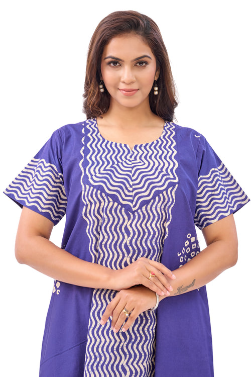 Blue Waves Design Batik, Hand Dyed Batik, 100% Cotton Night Gown - NG192