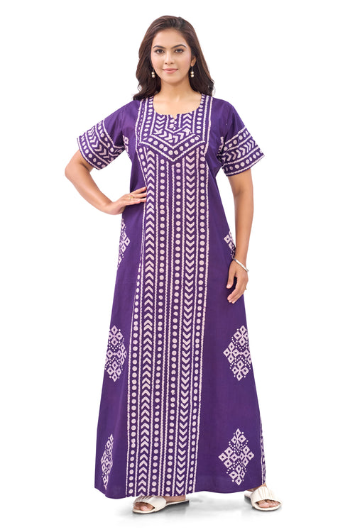 Purple Diamond Arrow Batik, Hand Dyed Batik, 100% Cotton Night Gown - NG206