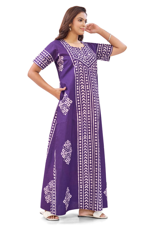 Purple Diamond Arrow Batik, Hand Dyed Batik, 100% Cotton Night Gown - NG206