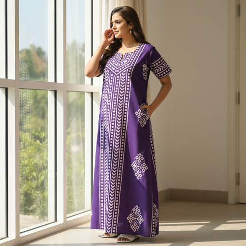Purple Diamond Arrow Batik, Hand Dyed Batik, 100% Cotton Night Gown - NG206