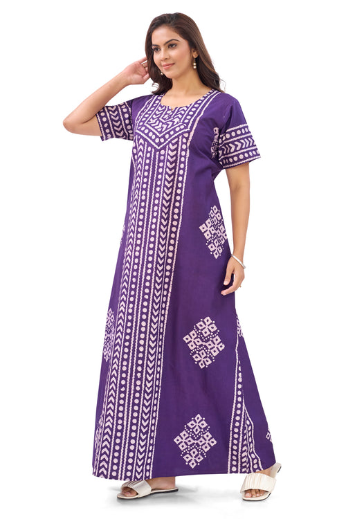 Purple Diamond Arrow Batik, Hand Dyed Batik, 100% Cotton Night Gown - NG206