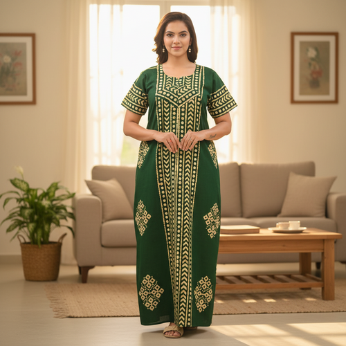 Green Diamond Arrow Batik, Hand Dyed Batik, 100% Cotton Night Gown - NG207