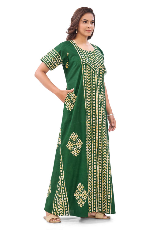 Green Diamond Arrow Batik, Hand Dyed Batik, 100% Cotton Night Gown - NG207