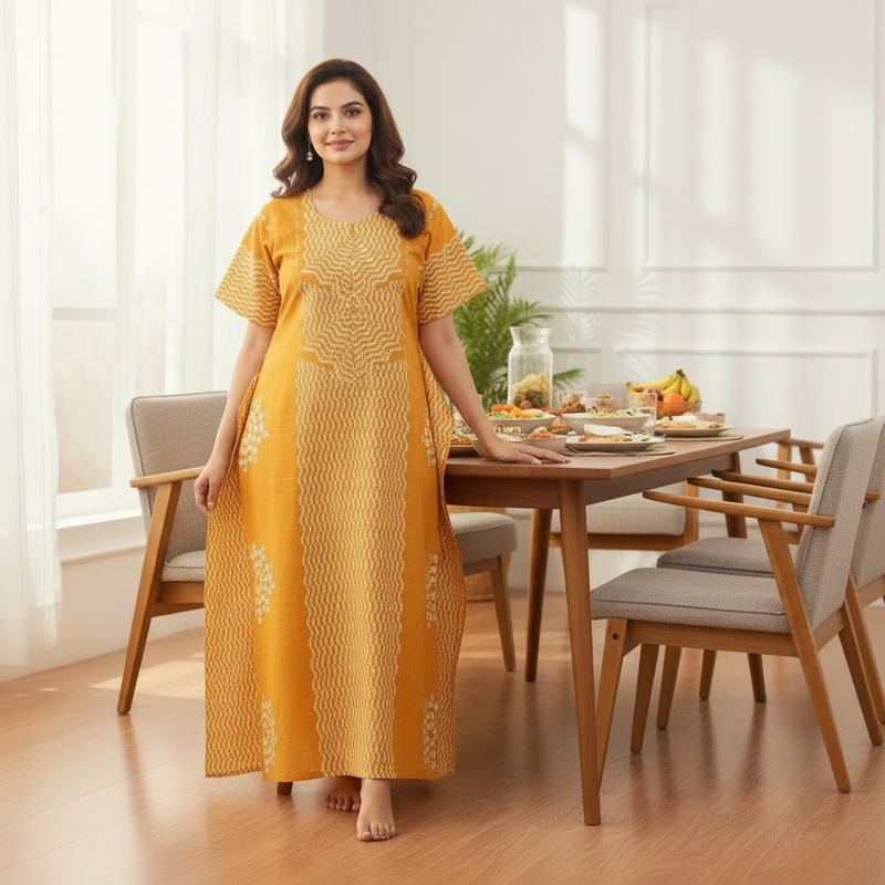 Yellow Waves Design Batik, Hand Dyed Batik, 100% Cotton Night Gown - NG195 image 2