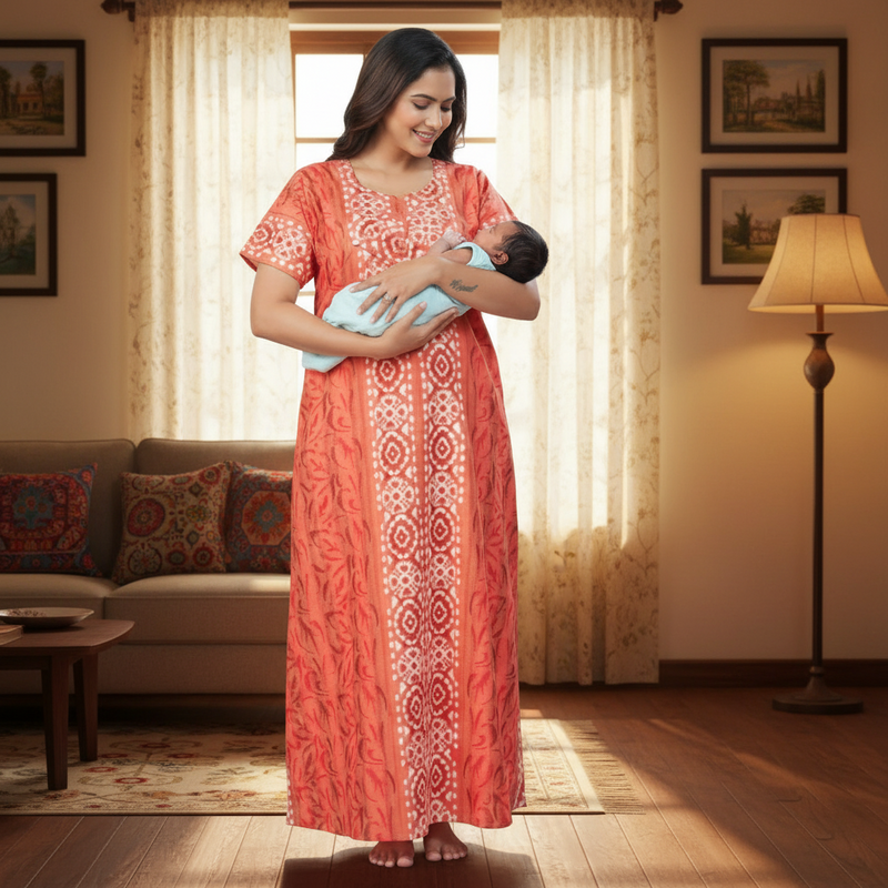 Peach Oval Design, Hand Dyed Batik, 100% Cotton Night Gown - NG154