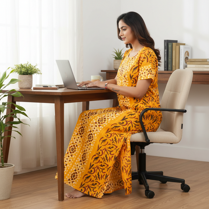 Yellow Oval Design, Hand Dyed Batik, 100% Cotton Night Gown - NG156