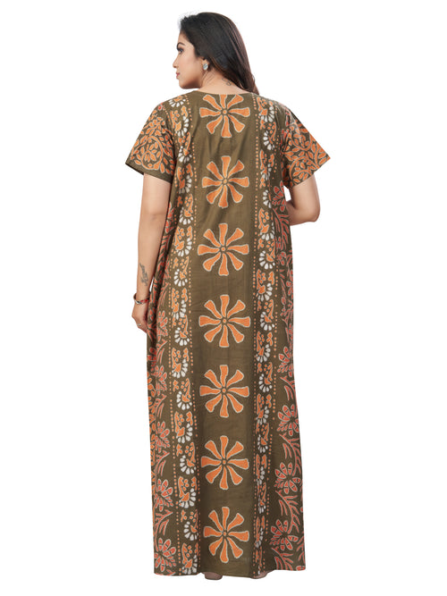 Green Brown Palm Batik, Hand Dyed Batik, 100% Cotton Night Gown - NG182