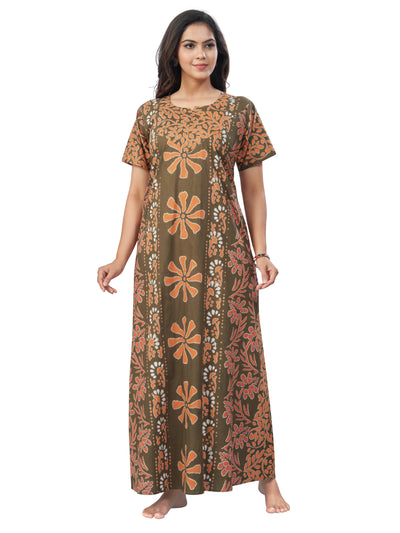 Green Brown Palm Batik, Hand Dyed Batik, 100% Cotton Night Gown - NG182
