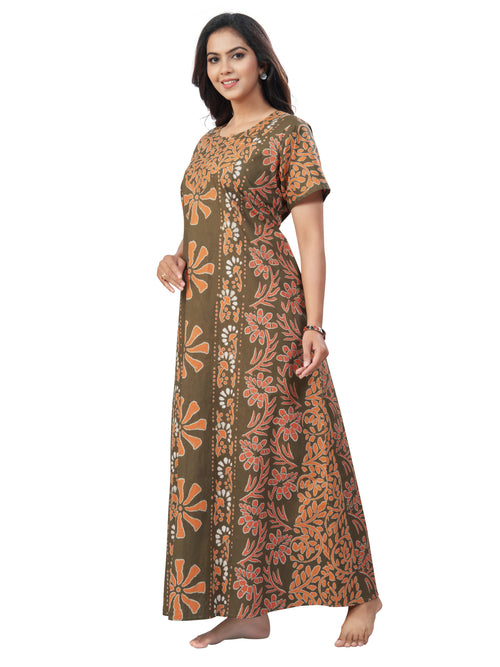 Green Brown Palm Batik, Hand Dyed Batik, 100% Cotton Night Gown - NG182