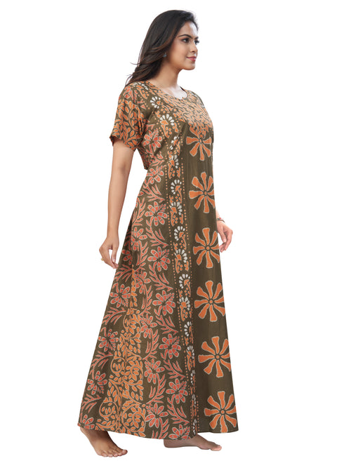 Green Brown Palm Batik, Hand Dyed Batik, 100% Cotton Night Gown - NG182