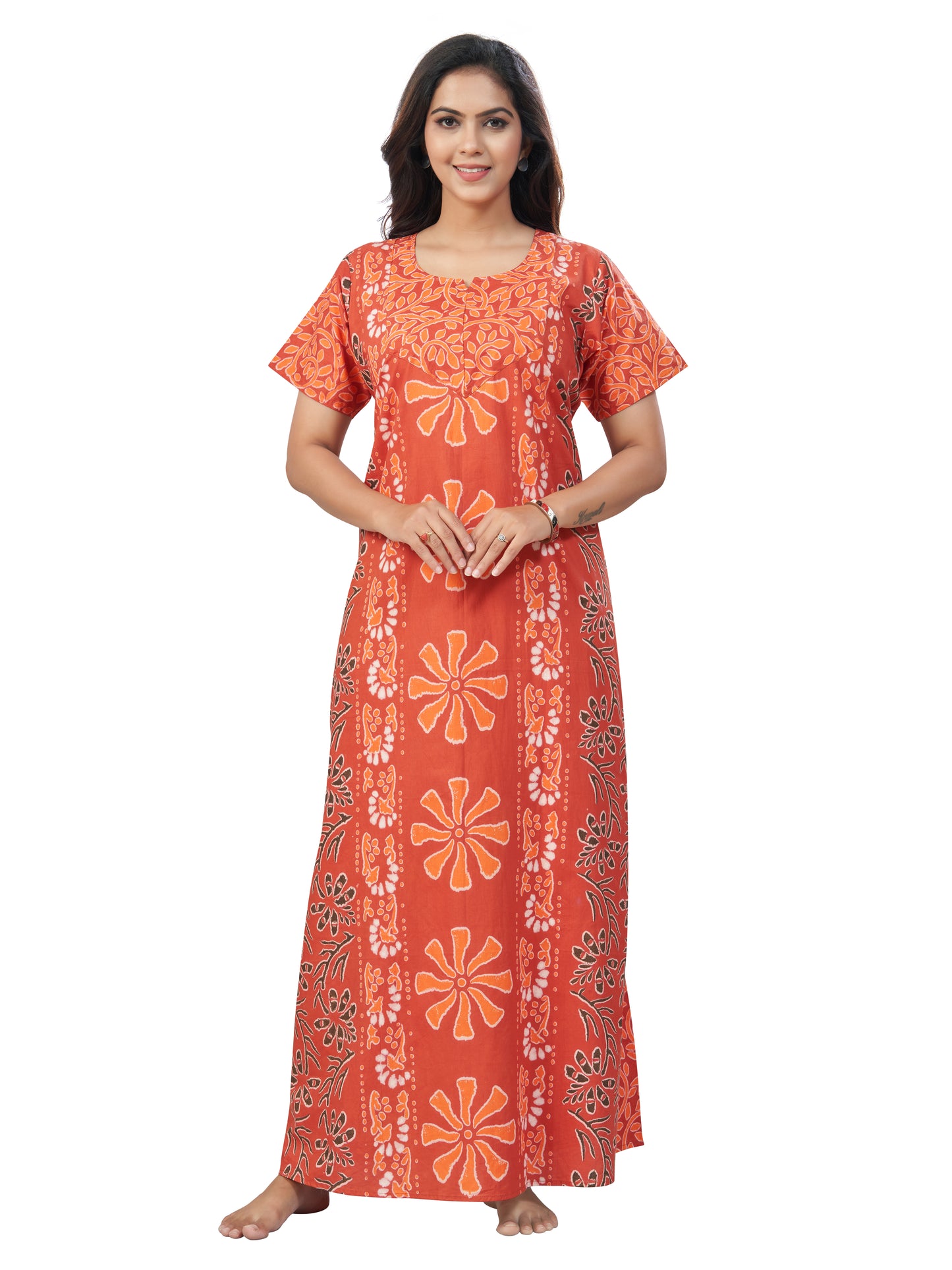 Rust Palm Batik, Hand Dyed Batik, 100% Cotton Night Gown - NG180