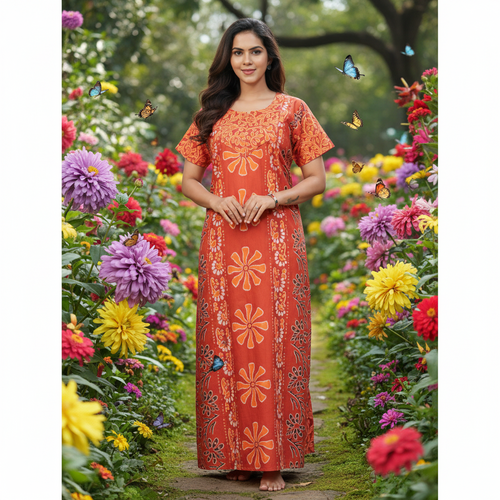 Rust Palm Batik, Hand Dyed Batik, 100% Cotton Night Gown - NG180