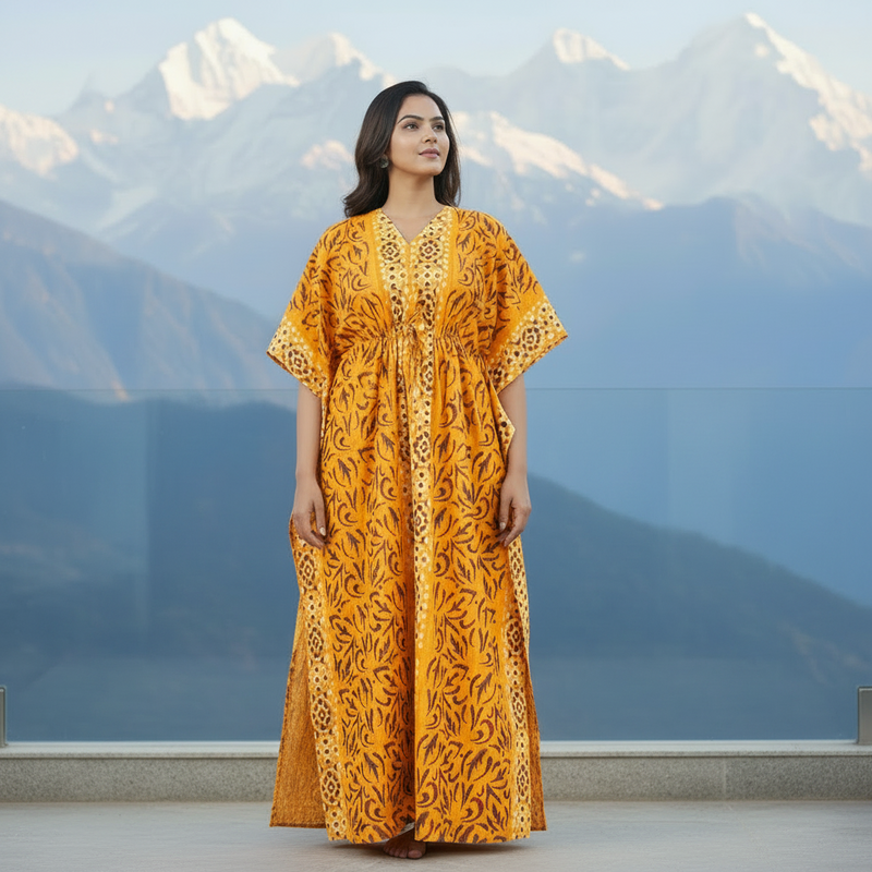 Yellow Oval Design, Hand Dyed Batik, 100% Cotton Kaftan - K156
