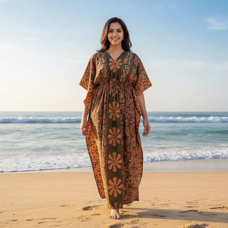 Green Brown Palm, Hand Dyed Batik, 100% Cotton Kaftan - K182
