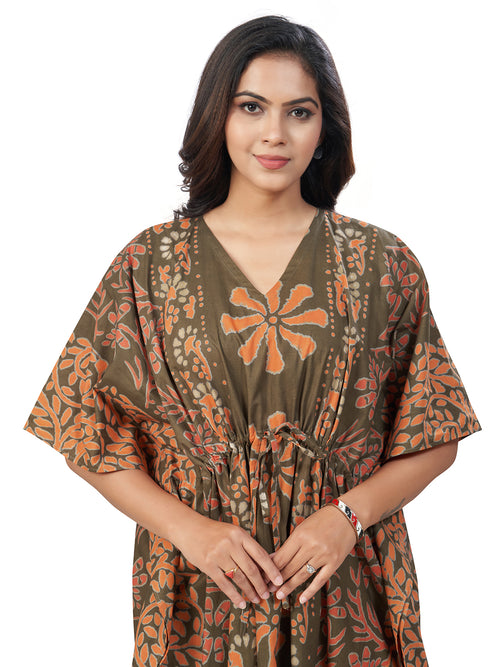 Green Brown Palm, Hand Dyed Batik, 100% Cotton Kaftan - K182