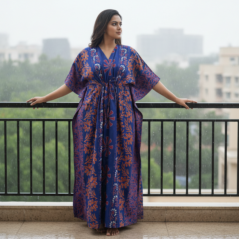 Blue Palm, Hand Dyed Batik, 100% Cotton Kaftan - K183