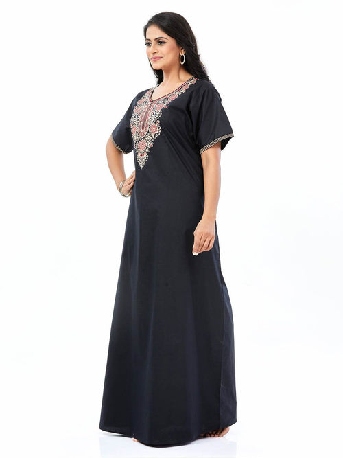 Black with Big Red Flower Design, Embroidered, 100% Cotton Night Gown - NGE502