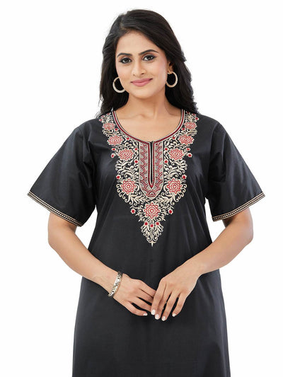 Black with Big Red Flower Design, Embroidered, 100% Cotton Night Gown - NGE502