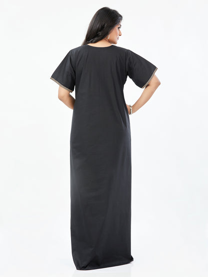 NGE500 - Black Scallops Design, Embroidered, 100% Cotton Night Gown