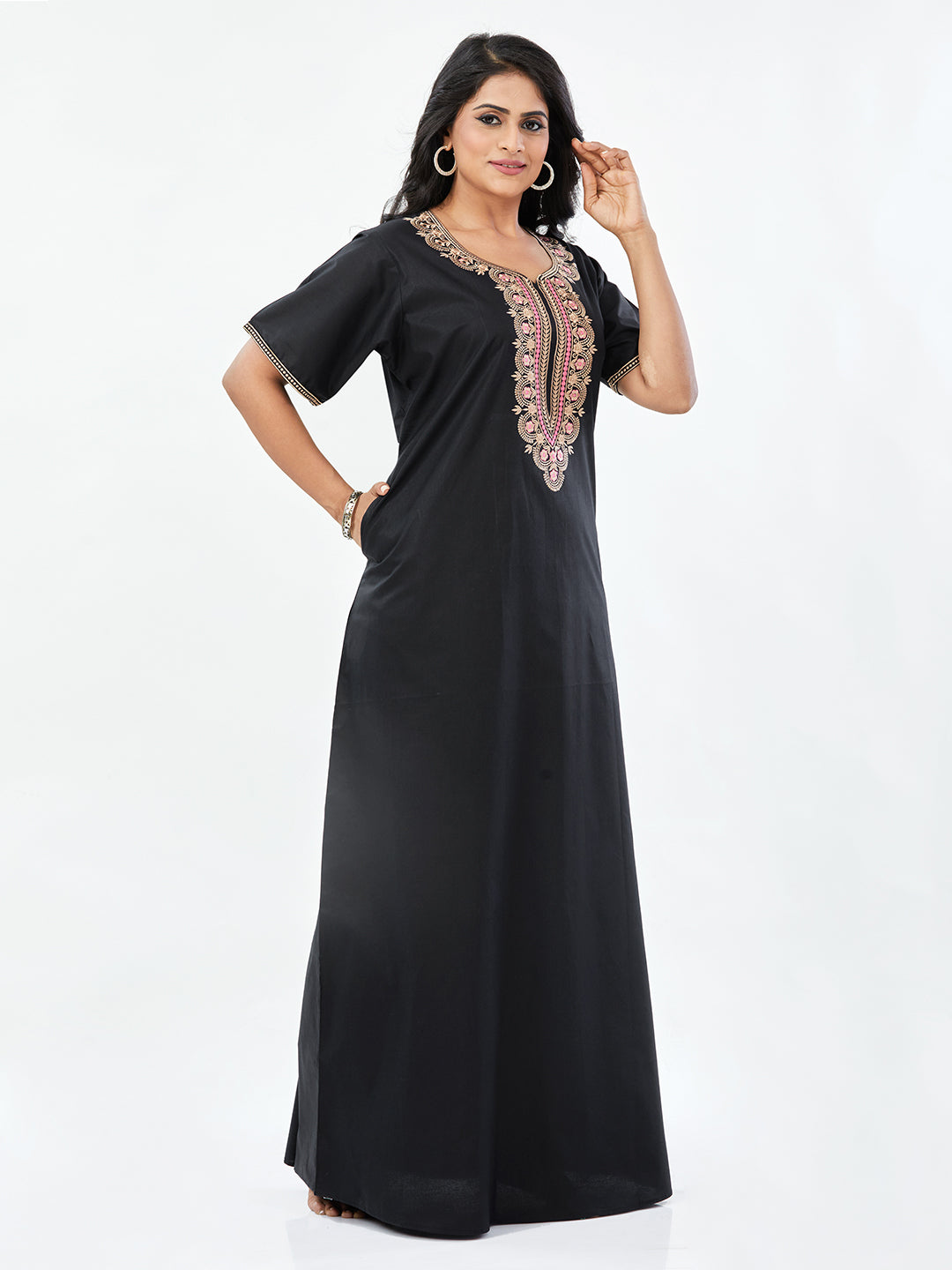 NGE500 - Black Scallops Design, Embroidered, 100% Cotton Night Gown