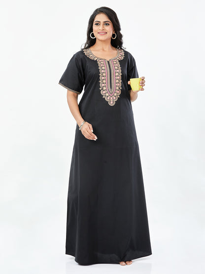 NGE500 - Black Scallops Design, Embroidered, 100% Cotton Night Gown