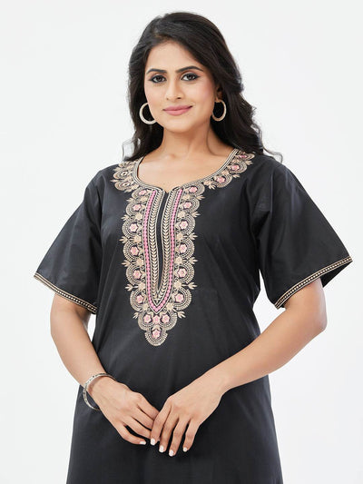 Black Scallops Design, Embroidered, 100% Cotton Night Gown - NGE500