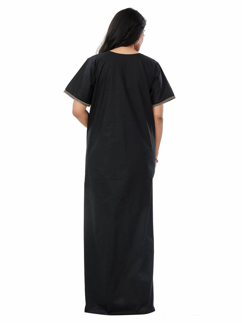 Black with Red Flower Design, Embroidered, 100% Cotton Night Gown - NGE501 image 6