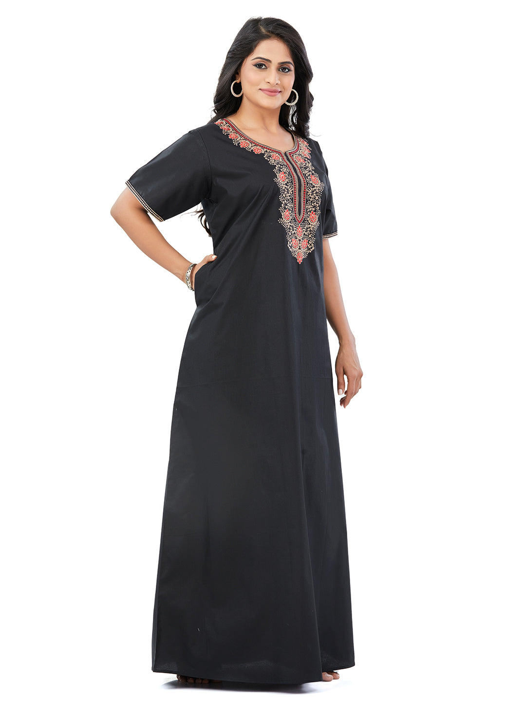 NGE501 - Black with Red Flower Design, Embroidered, 100% Cotton Night Gown