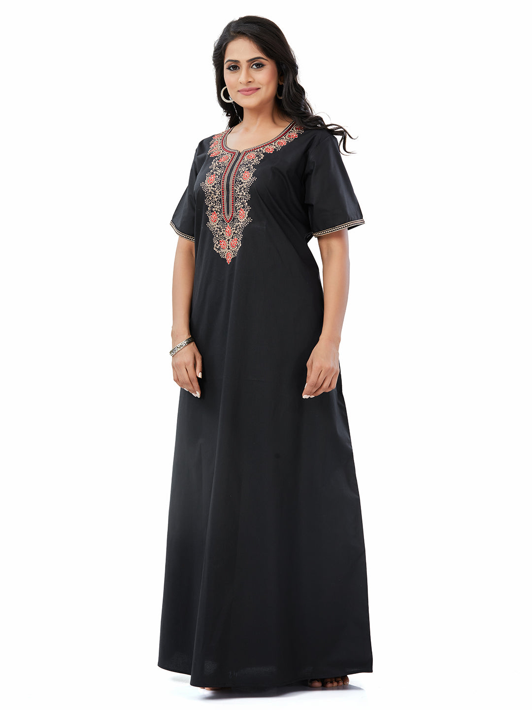 NGE501 - Black with Red Flower Design, Embroidered, 100% Cotton Night Gown