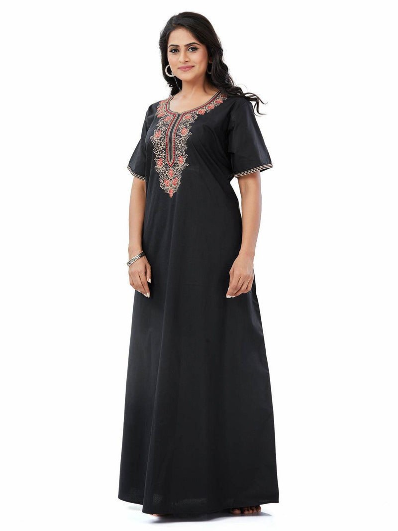 Black with Red Flower Design, Embroidered, 100% Cotton Night Gown - NGE501 image 3