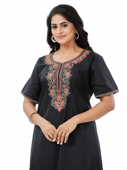 NGE501 - Black with Red Flower Design, Embroidered, 100% Cotton Night Gown