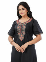 Black with Red Flower Design, Embroidered, 100% Cotton Night Gown - NGE501 image 1