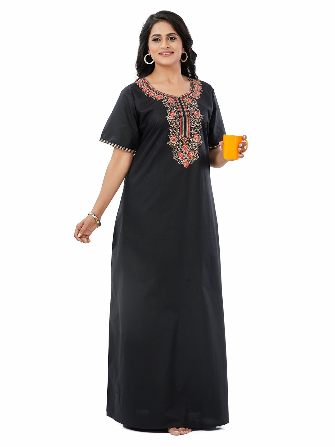 NGE501 - Black with Red Flower Design, Embroidered, 100% Cotton Night Gown