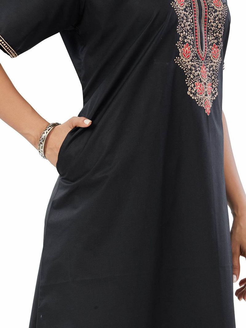Black with Red Flower Design, Embroidered, 100% Cotton Night Gown - NGE501 image 5