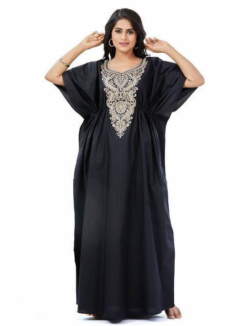 Cream & Black, Embroidered, 100% Cotton Kaftan - KE503