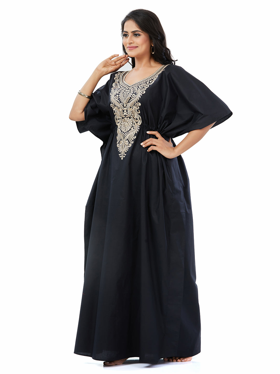 KE503 - Cream & Black, Embroidered, 100% Cotton Kaftan