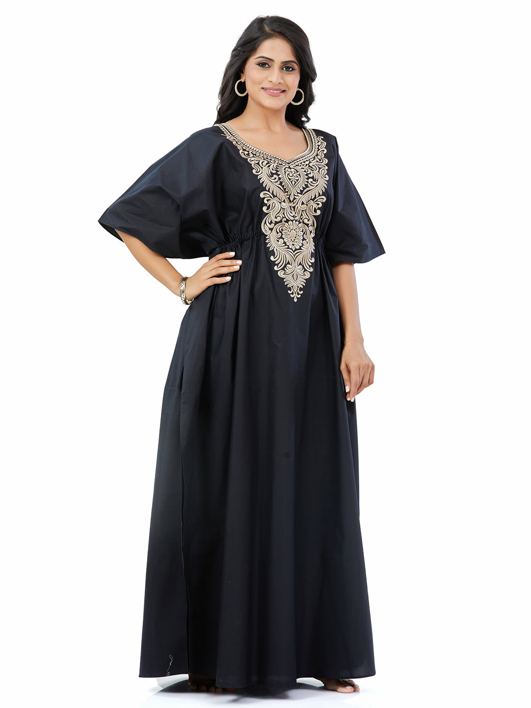 KE503 - Cream & Black, Embroidered, 100% Cotton Kaftan