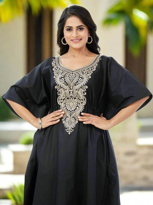Cream & Black, Embroidered, 100% Cotton Kaftan - KE503