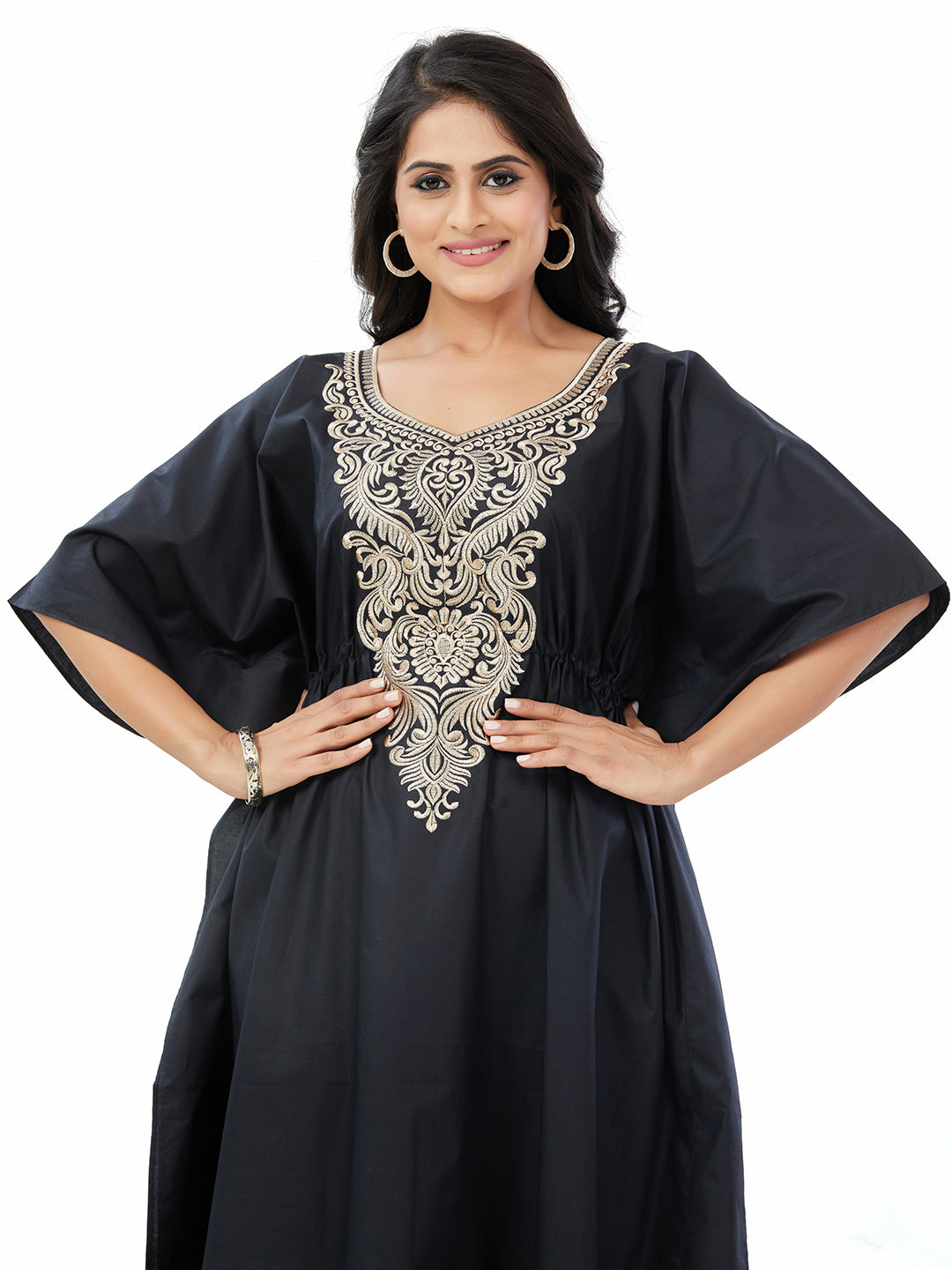 KE503 - Cream & Black, Embroidered, 100% Cotton Kaftan