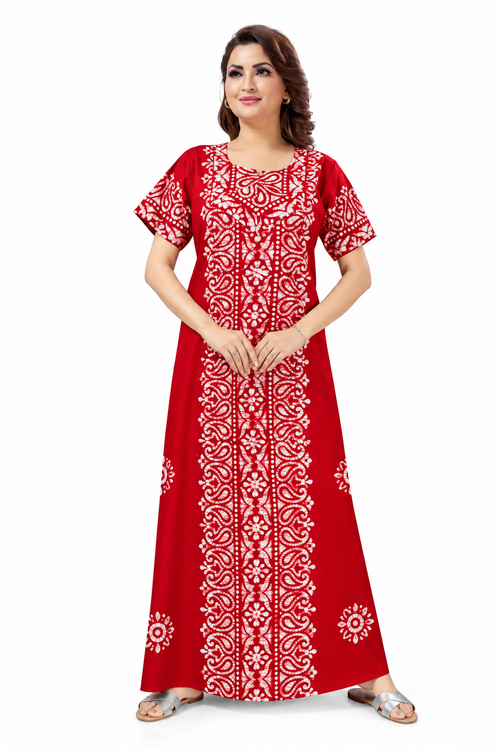 Red Paisley Design Batik, Hand Dyed Batik, 100% Cotton Night Gown - NG210