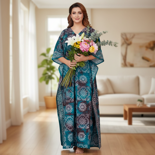 Green Block Design, Hand Dyed Batik Tie-up, 100% Cotton Kaftan - K061