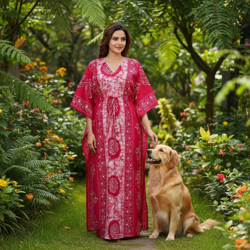 Pink White Circles, Hand Dyed Batik, 100% Cotton Kaftan - K024