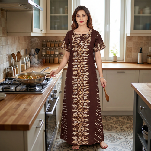 Brown Dotted, Hand Dyed Batik, 100% Cotton Night Gown - NG005