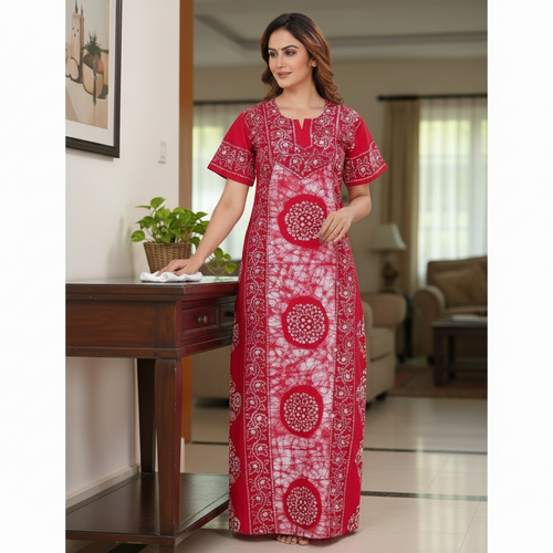 Pink White Circles, Hand Dyed Batik, 100% Cotton Night Gown - NG024