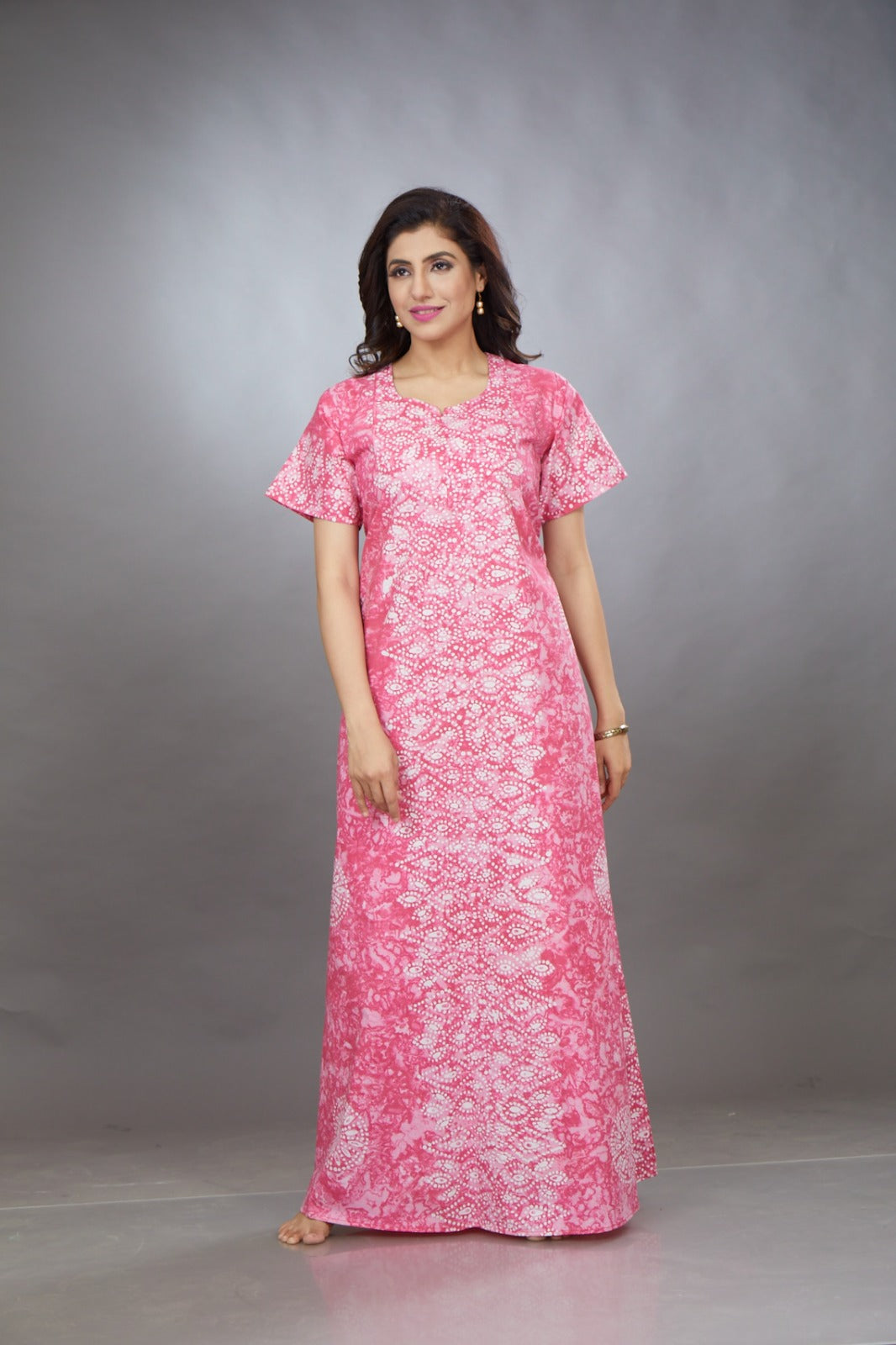 Premium Pink Bandhani Hand-Dyed Batik Cotton Night Gown | The Kaftan Shop