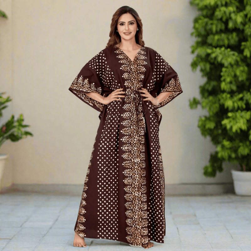 Brown Dotted, Hand Dyed Batik, 100% Cotton Kaftan - K005