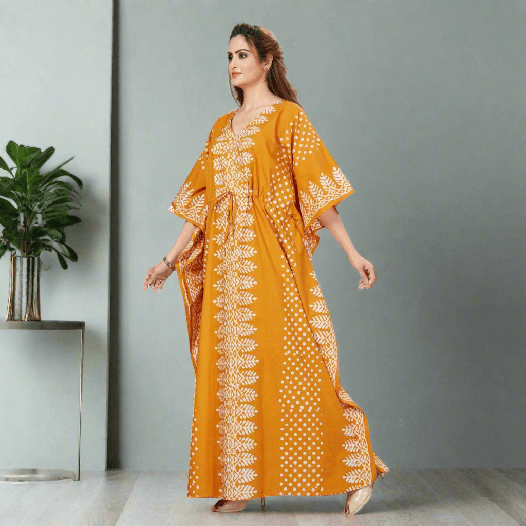 K002 - Yellow Dotted, Hand Dyed Batik, 100% Cotton Kaftan - thekaftanshop.com