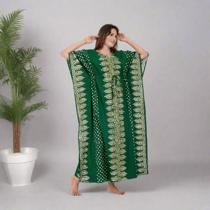 K006 - Green Dotted, Hand Dyed Batik, 100% Cotton Kaftan - thekaftanshop.com
