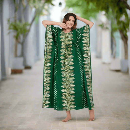 K006 - Green Dotted, Hand Dyed Batik, 100% Cotton Kaftan - thekaftanshop.com