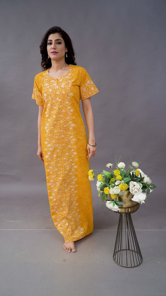 NG112 - Yellow Bandhani, Hand Dyed Batik, 100% Cotton Night Gown